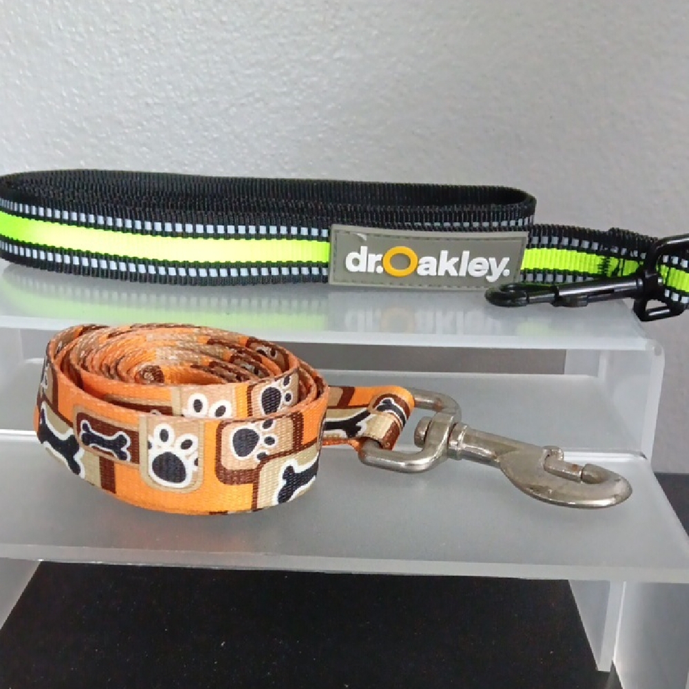 Dr. Oakley Reflective Black & Neon Green Dog Leash + Orange Paw Print Lead